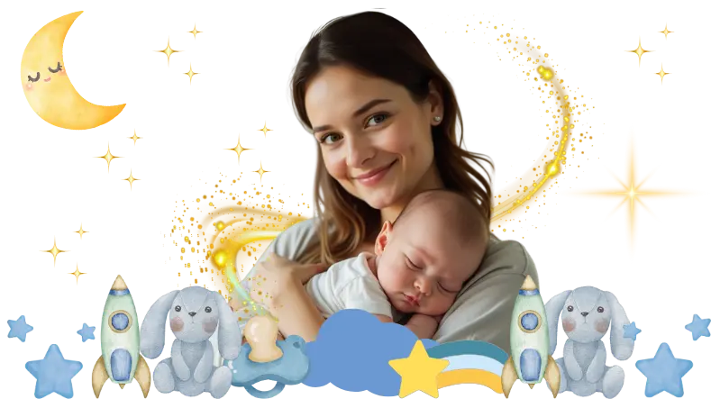 A 28-year-old mother with a warm and happy expression, fair skin, holding her 6-month-old baby in one arm. The baby, dressed in a cozy pajama, looks directly at the camera with bright, curious eye